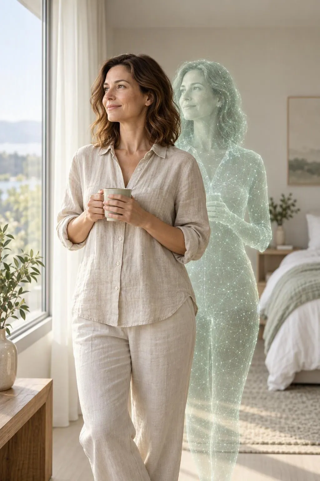A woman holds a mug by a window, beside her virtual twin, a translucent figure made of luminous points.