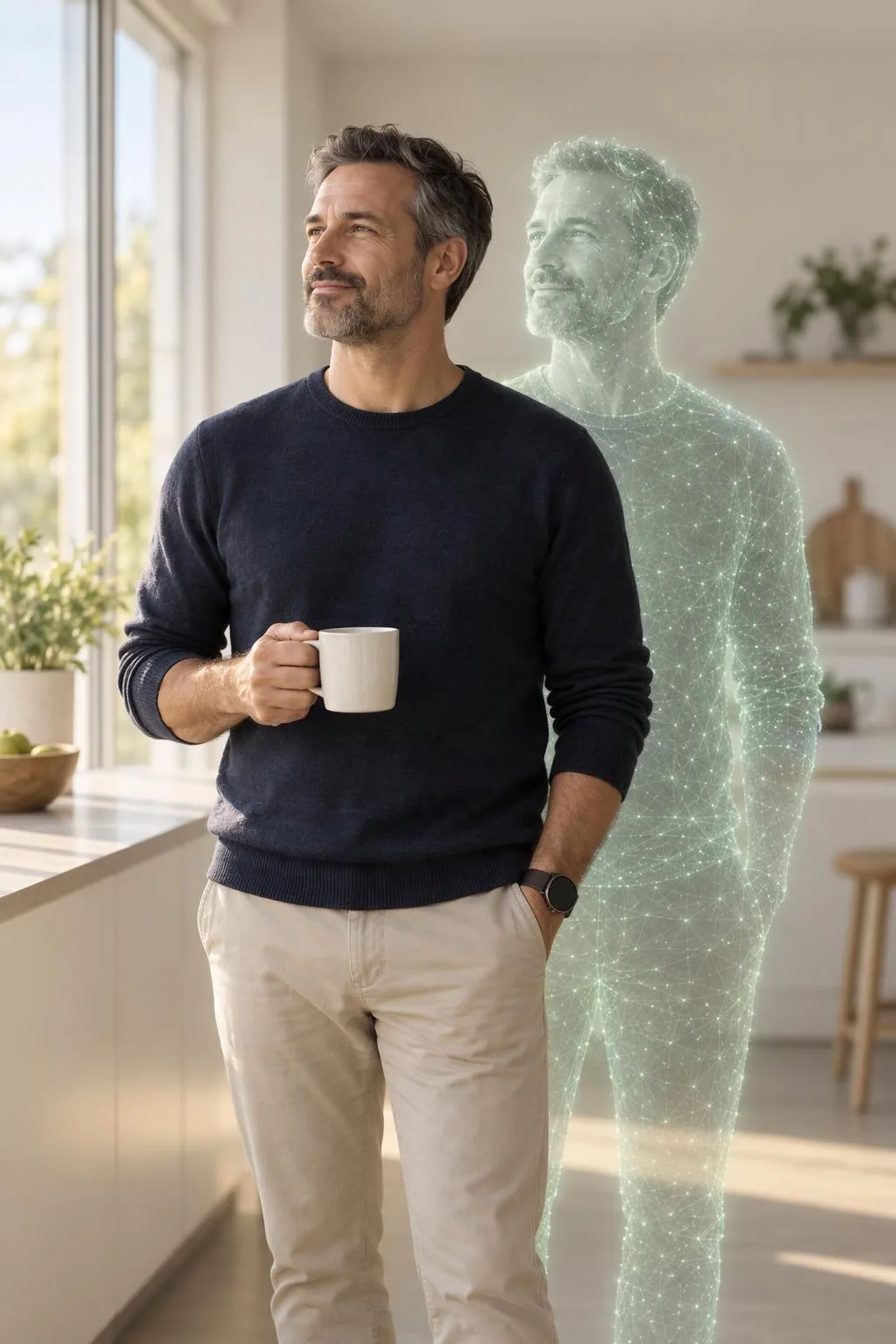 A man holds a mug in his bright kitchen, beside his virtual twin.