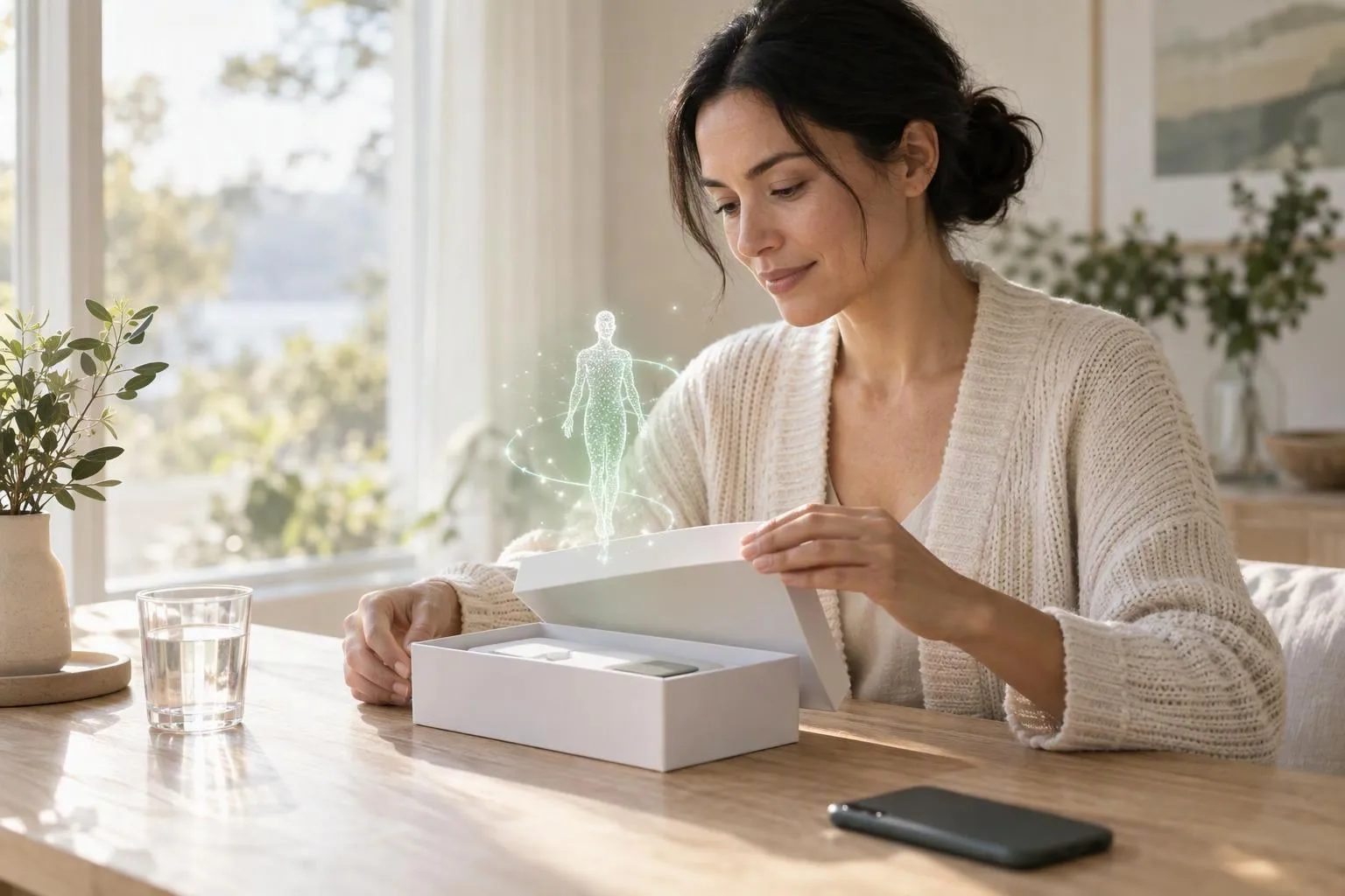 A woman opens her collection kit on a wooden table by a window; a small luminous figure, her virtual twin, rises from the box.