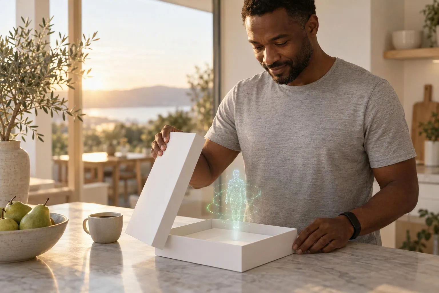 A man opens his collection kit on his kitchen counter at sunrise; a small luminous figure, his virtual twin, rises from the box.