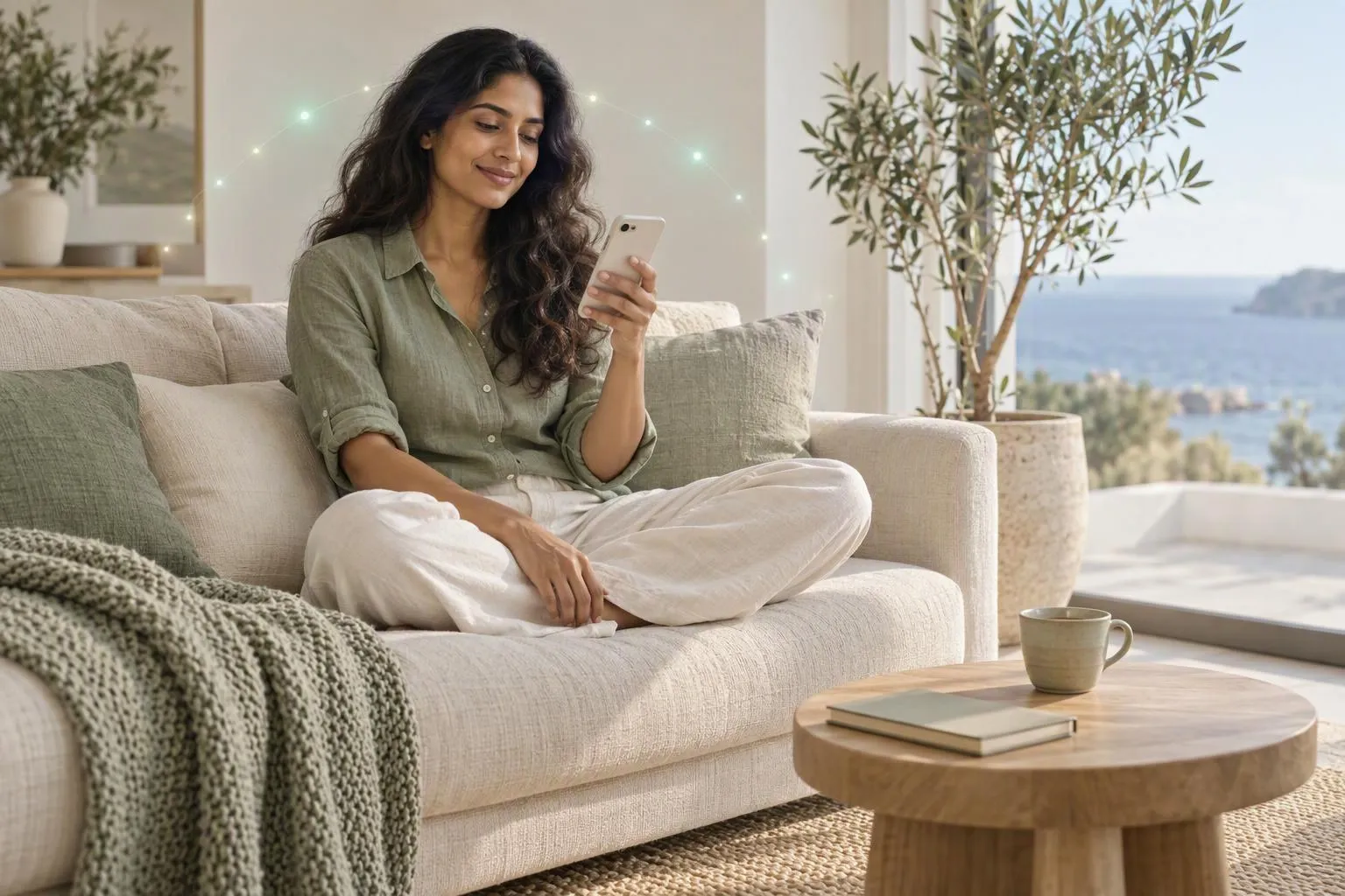 A woman sits cross-legged on a sofa, smiling as she checks her phone in a bright living room.