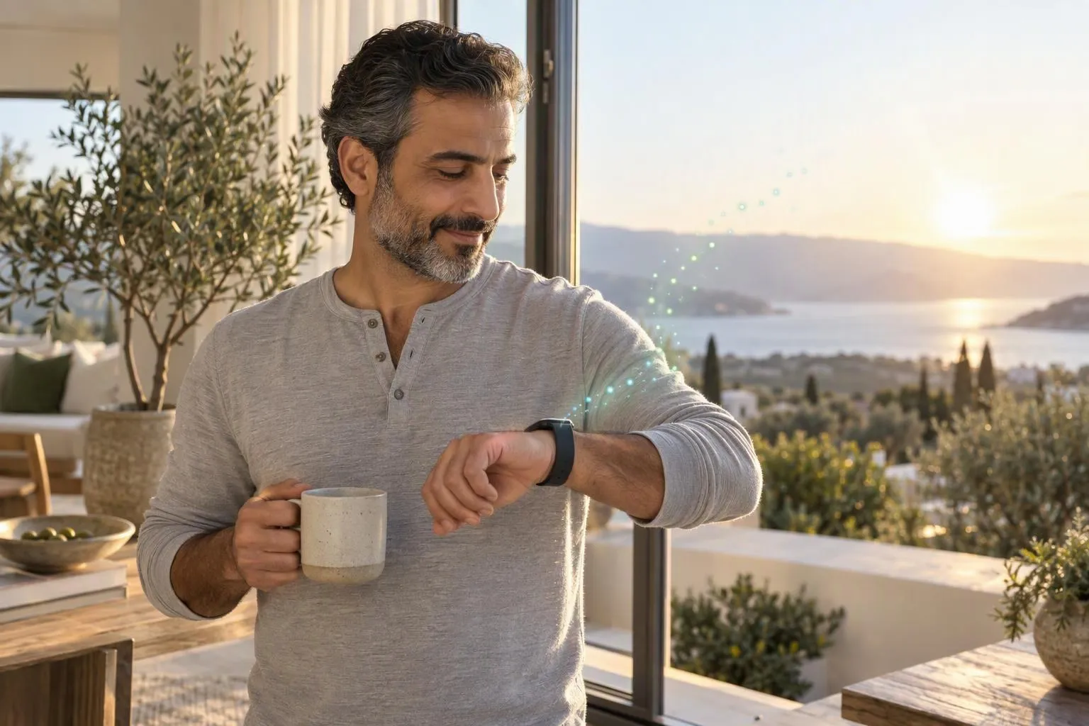 A man checks his watch at sunrise, holding a mug.