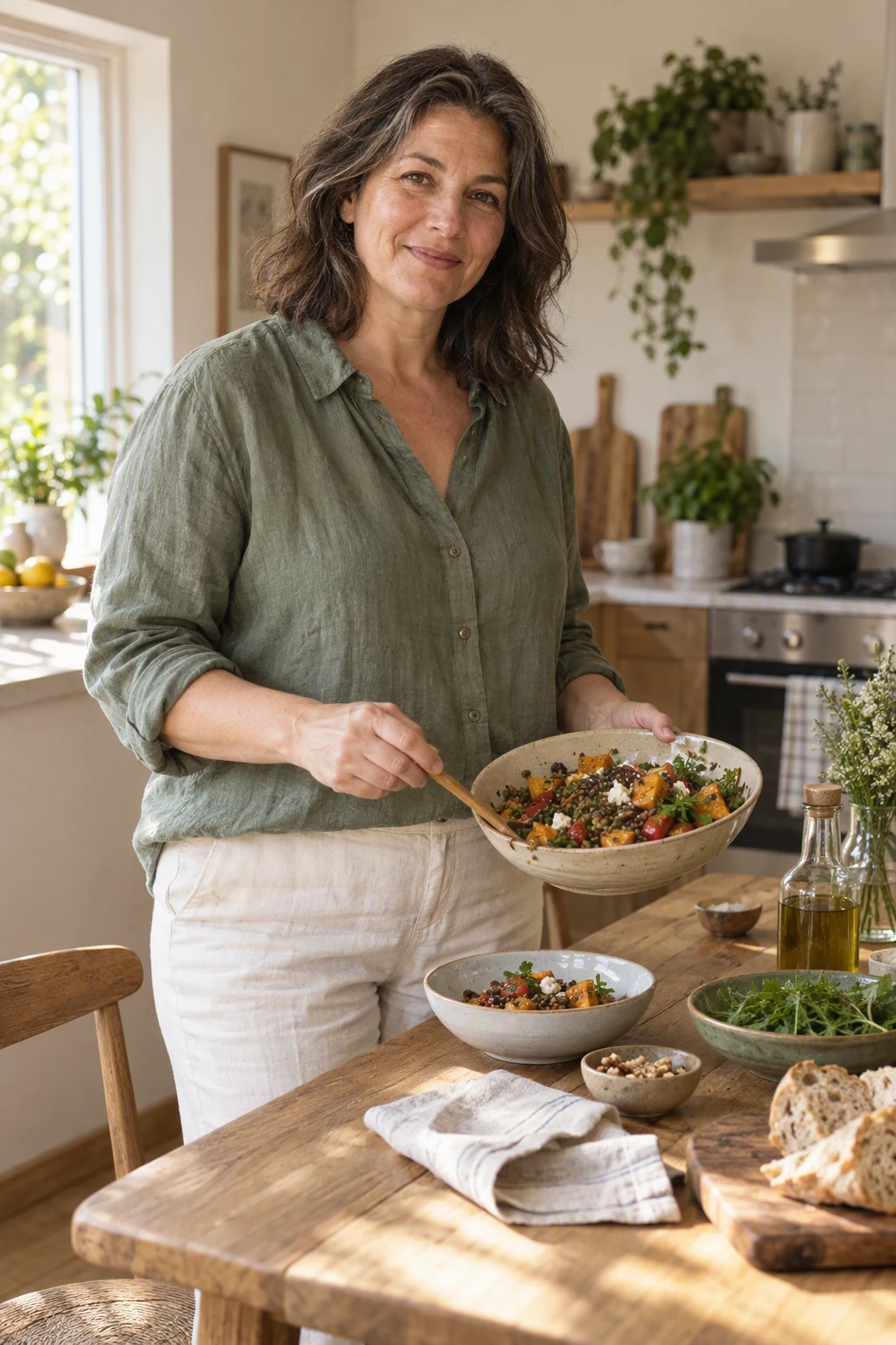 A woman prepares a lentil and vegetable meal in a bright kitchen.