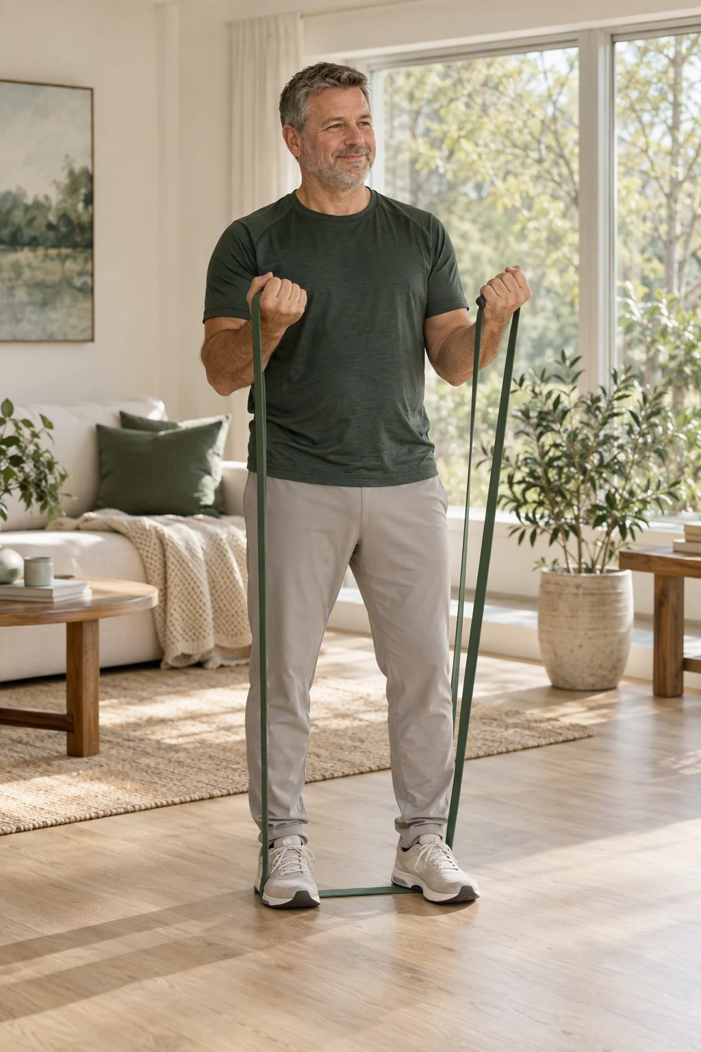 A man performs a standing resistance-band exercise in his living room.