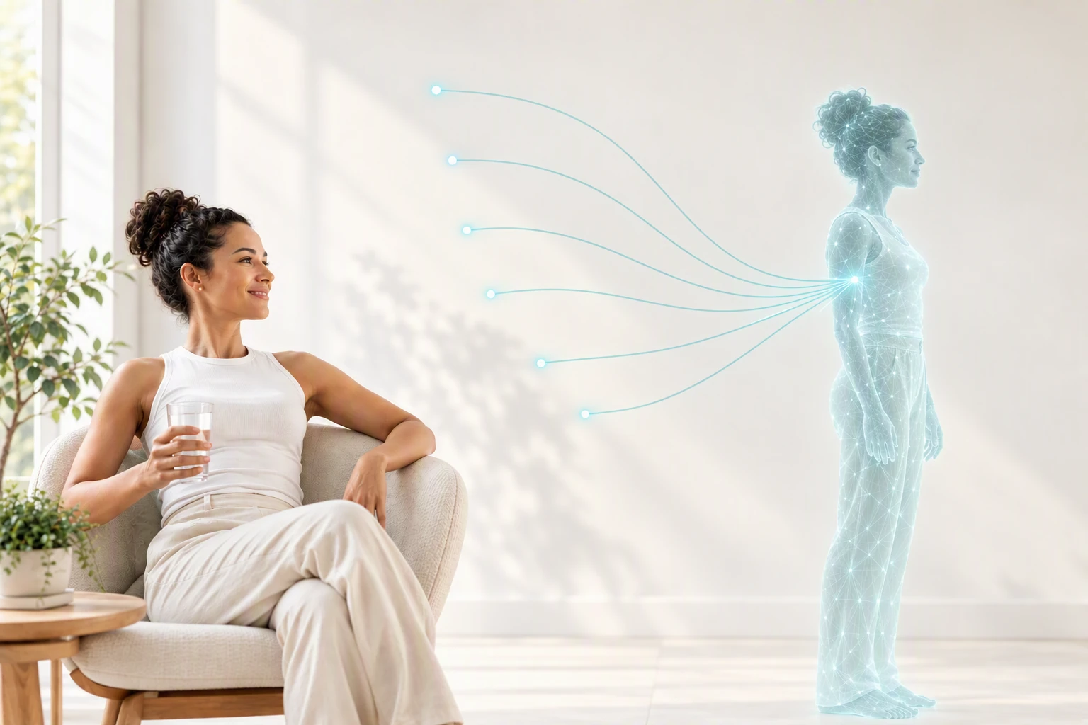 A woman beside her virtual twin