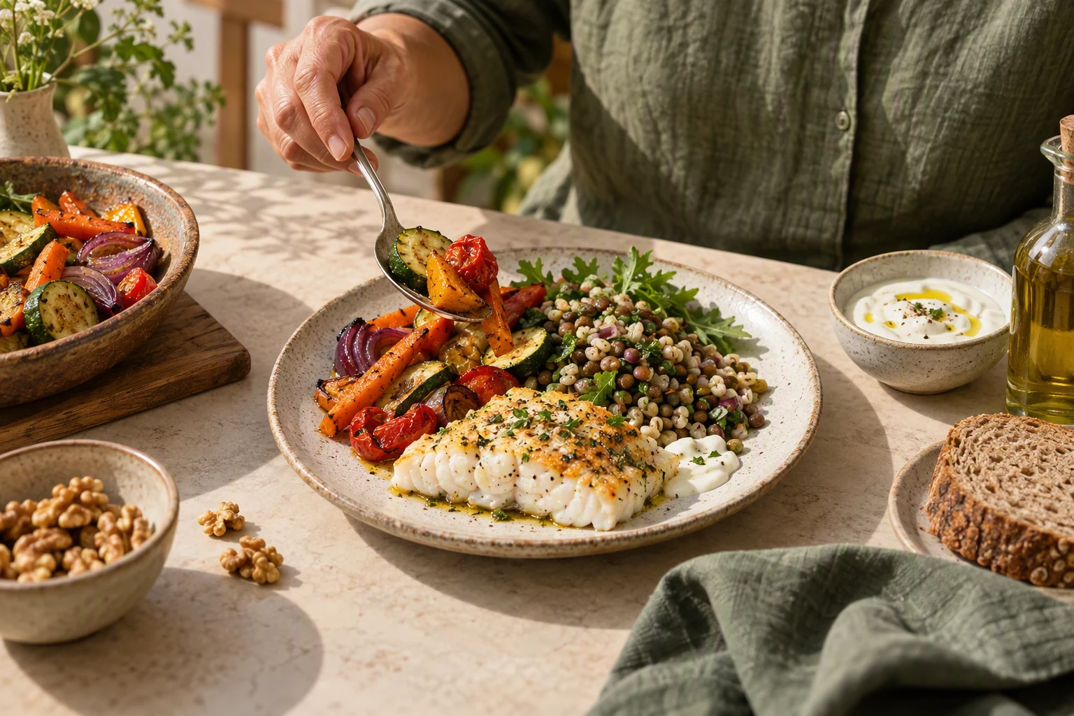 A balanced meal with vegetables, lentils and fish