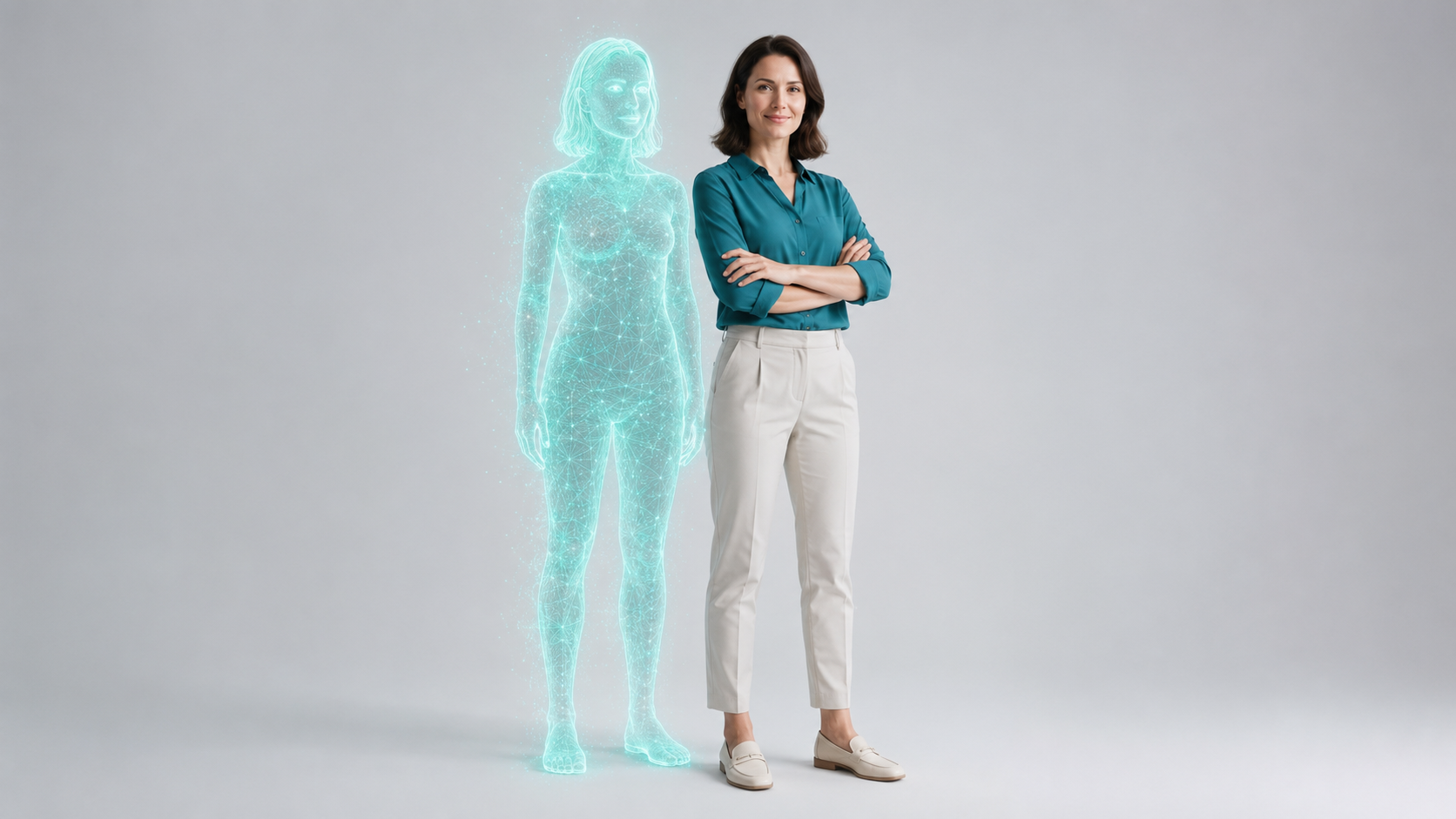 A woman and her virtual twin in studio