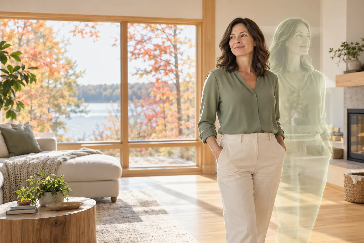 Une femme et son double translucide sauge dans un intérieur québécois.
