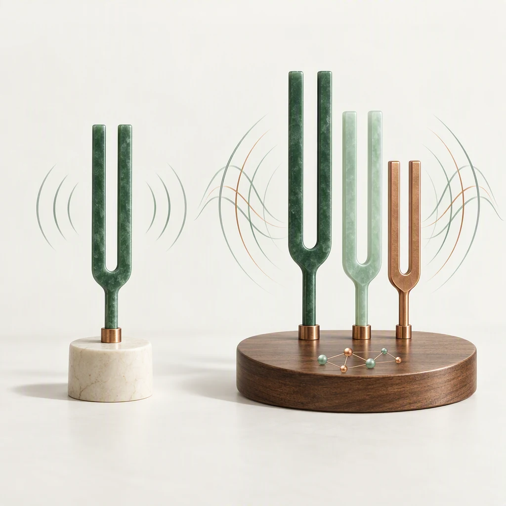 One tuning fork, then three tuning forks sharing a base, to illustrate a combination.