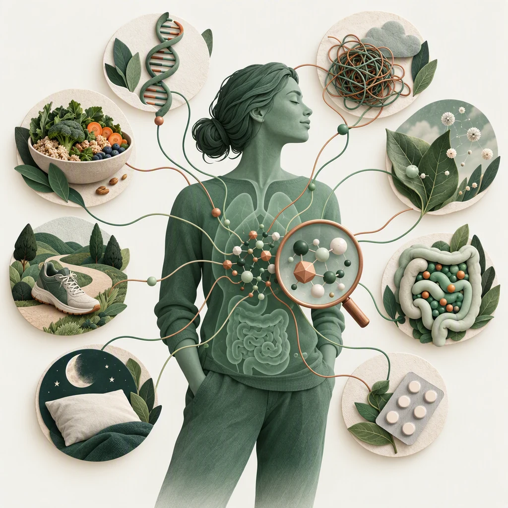 A person surrounded by food, movement, sleep and environmental cues, connected to metabolites.