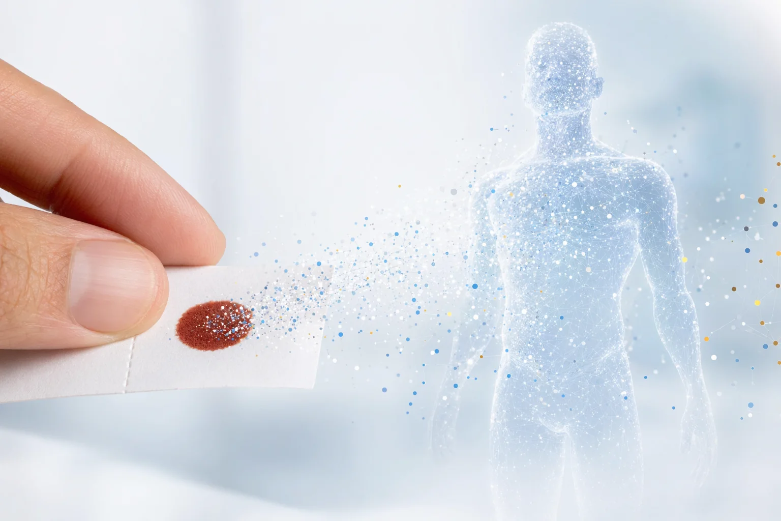 A dried blood spot on a card turning into particles and a virtual silhouette