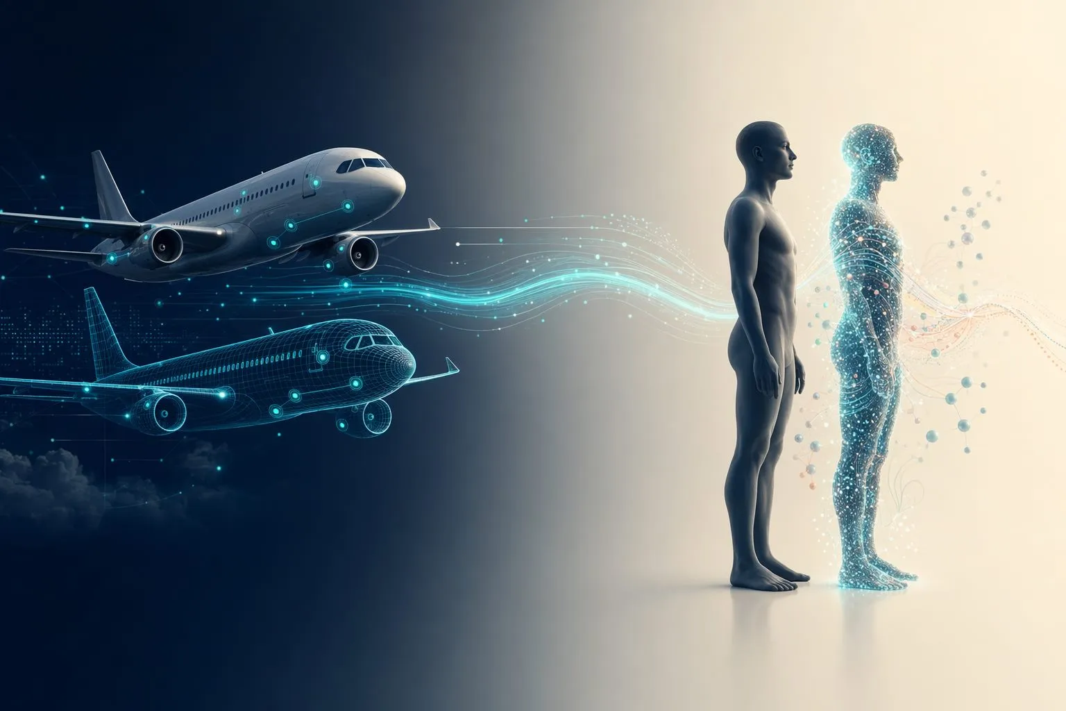 Aircraft connected by data streams, then a person and their virtual double