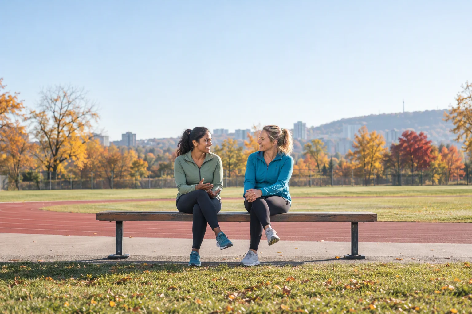 An athlete and her coach talk on a bench beside a running track in Montreal.