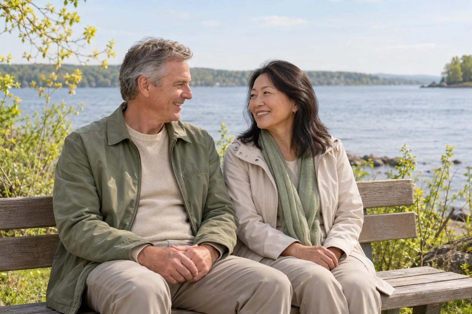 A woman and a man talk on a bench beside the Saint Lawrence.