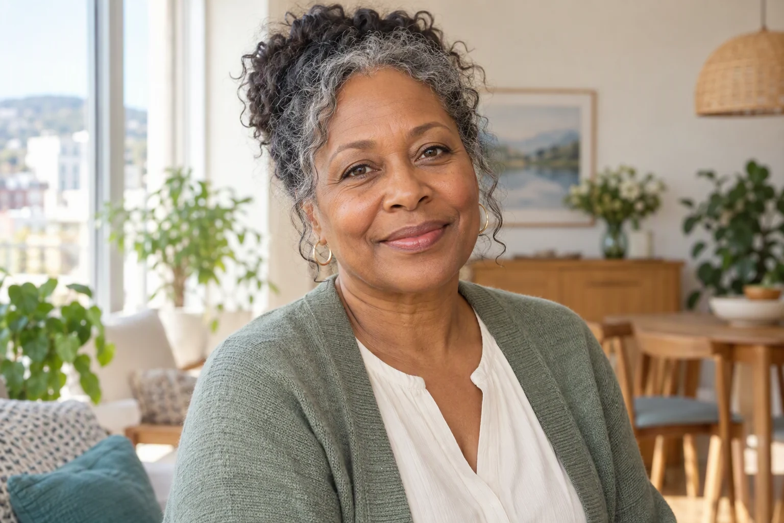 A natural portrait of a woman in her Quebec home, lit by a window.