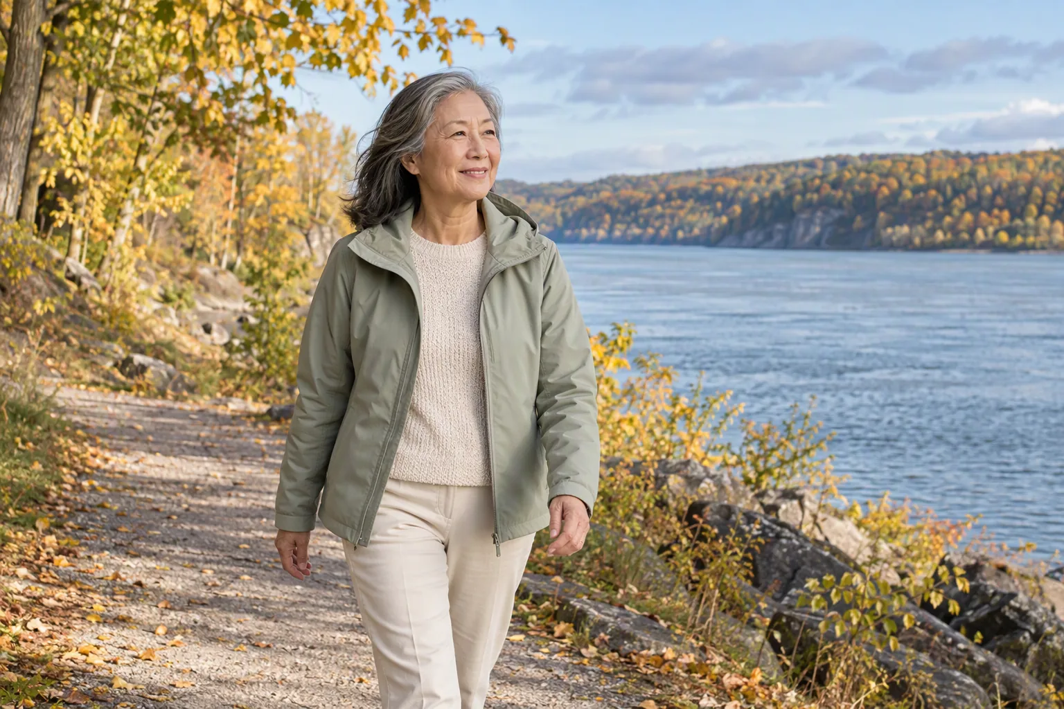 A woman walks beside the Saint Lawrence near Quebec City in autumn.