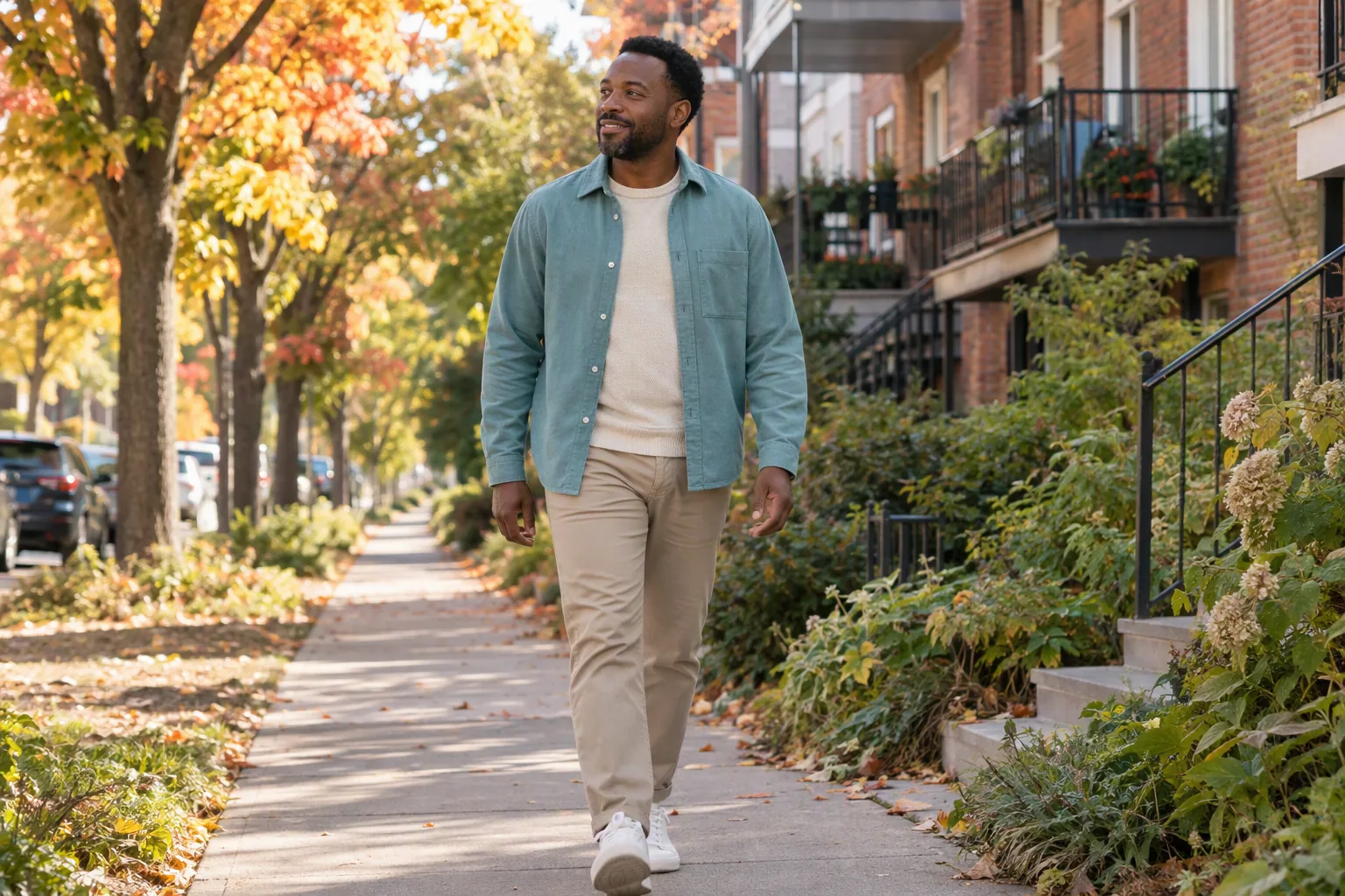 Un homme marche dans une rue arborée de Montréal en automne.