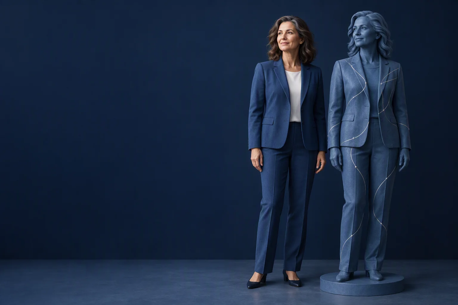 A person and a clothed blue sculpture evoke the virtual twin.