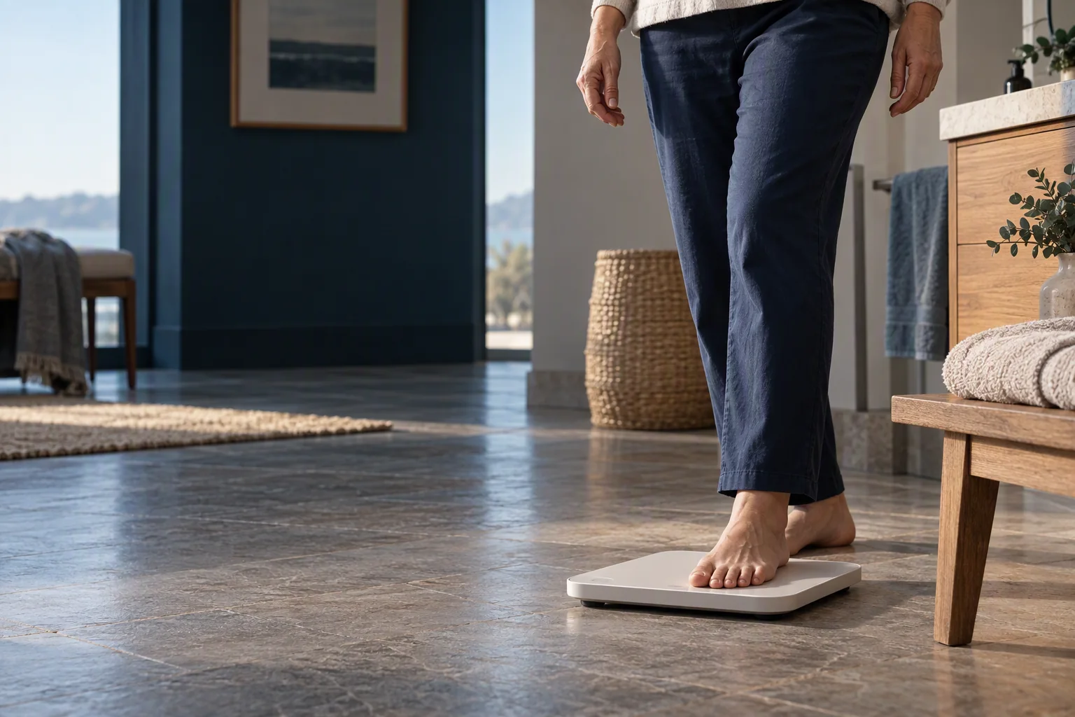 A person uses a scale, with no reading displayed.