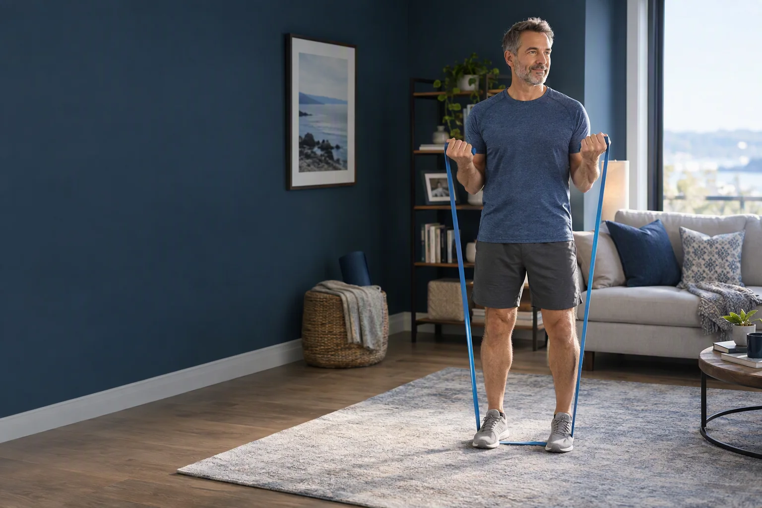 A man exercises with a resistance band.