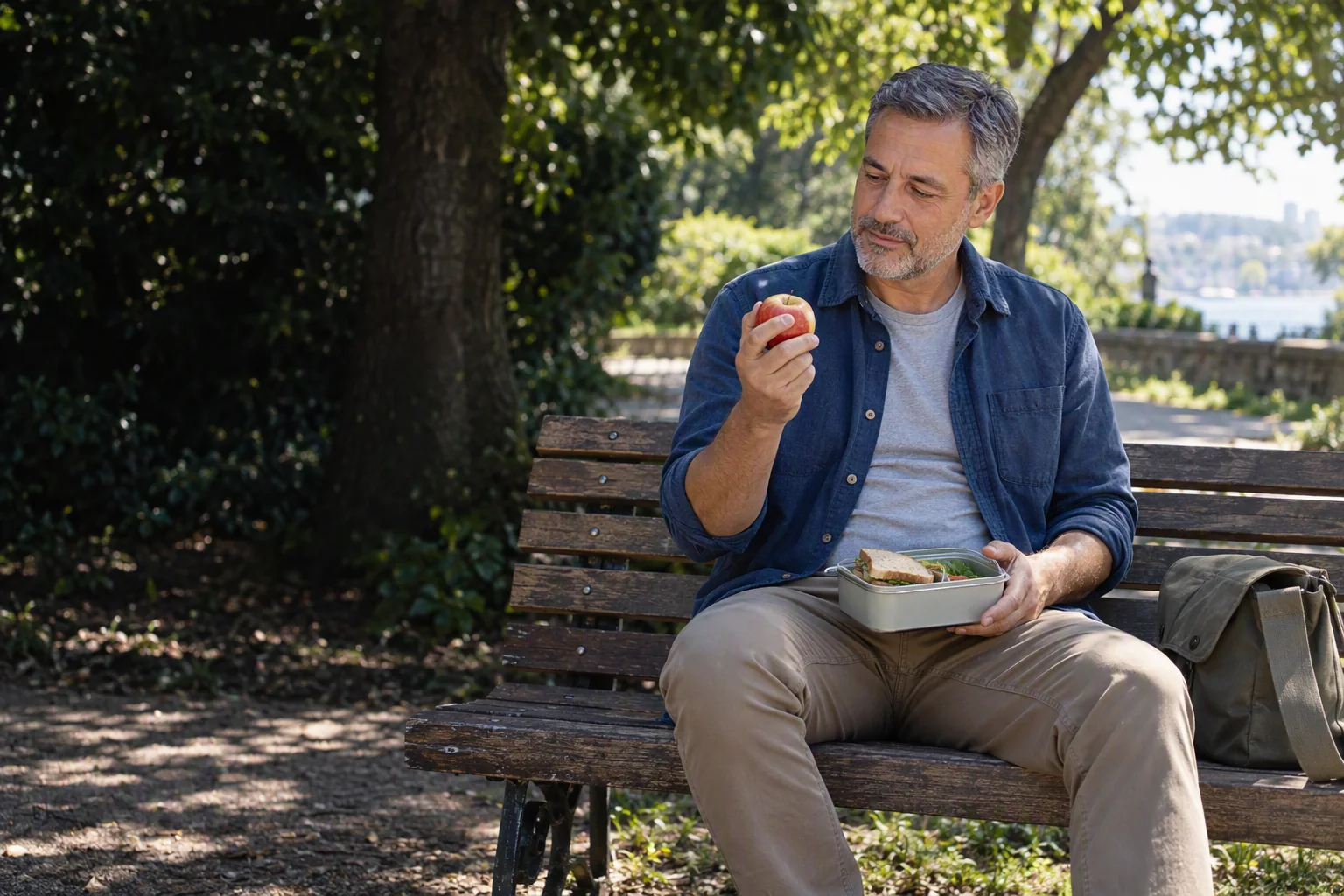 A man takes a break in a park with his lunch and an apple.