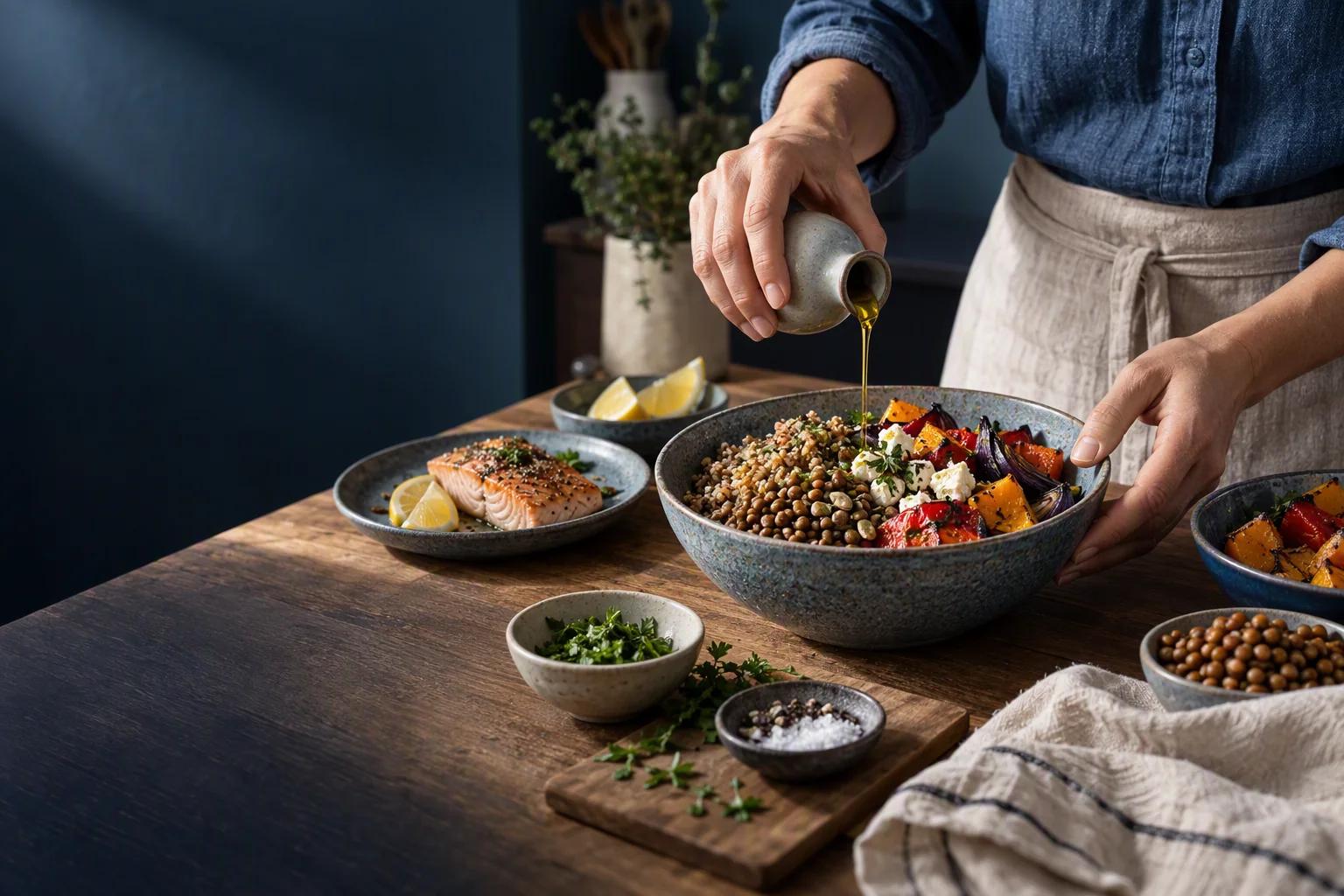 A varied meal being prepared around personal preferences.
