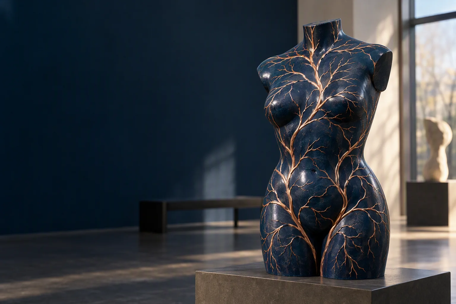 A sculpture and illuminated paths evoke metabolism as an artistic metaphor.
