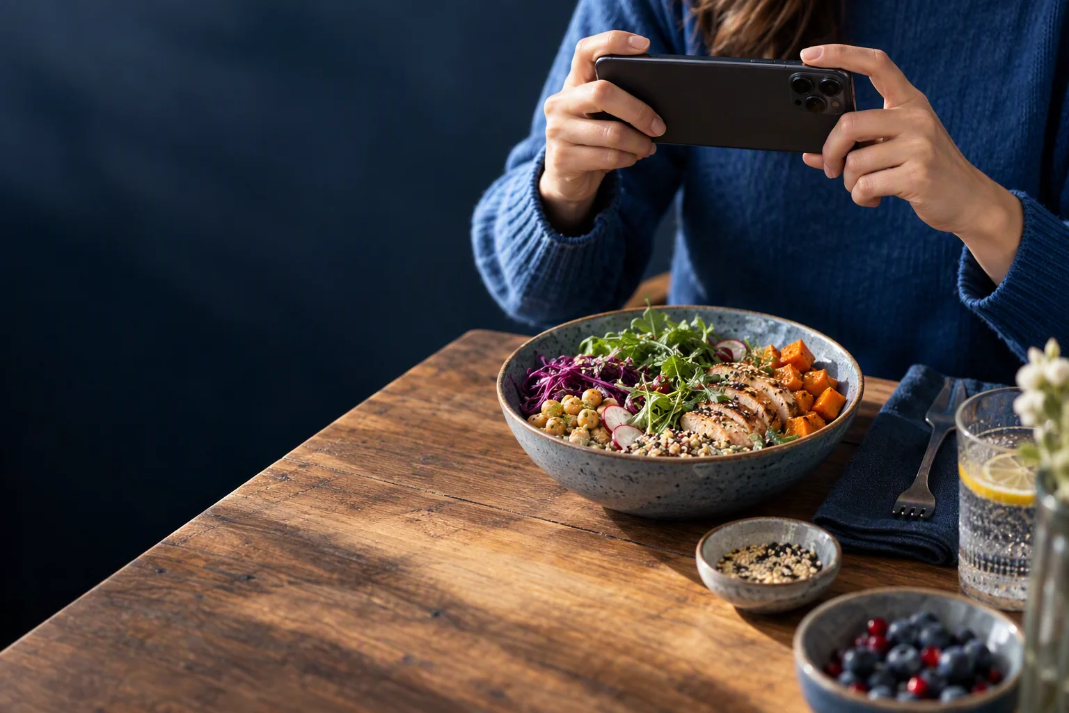 A person photographs a meal to add context to their follow-up.