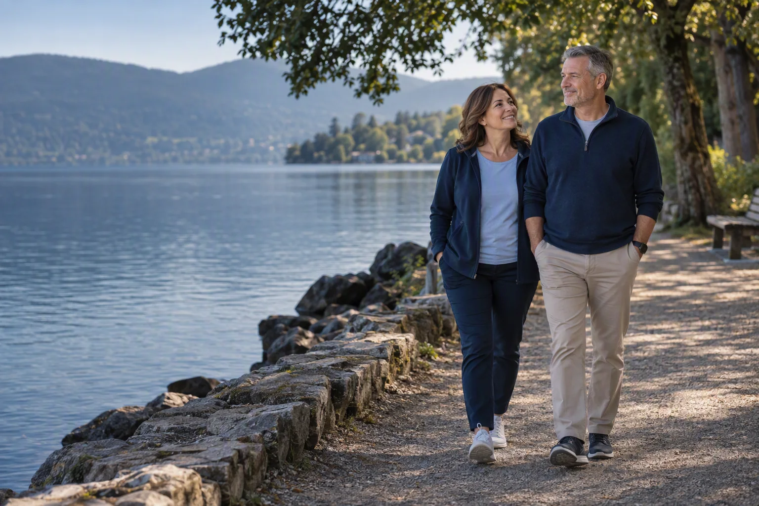 Two people walk beside a lake in an everyday scene.