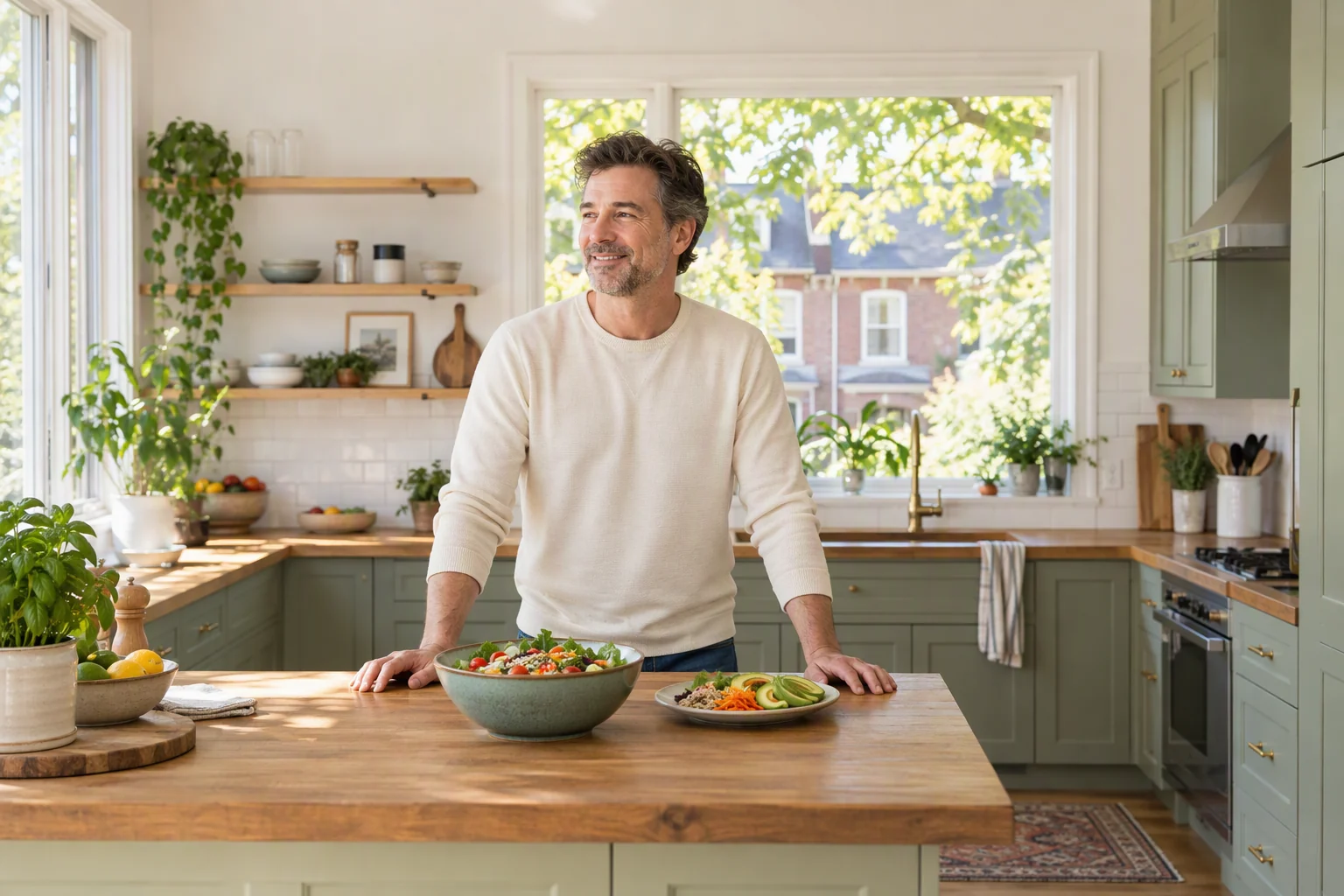 A man prepares a colourful meal in a bright Quebec kitchen.