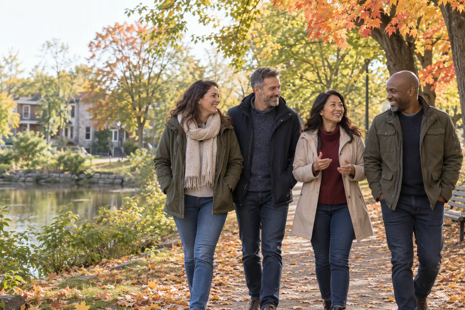 Two women and two men walk through a Quebec park in autumn.