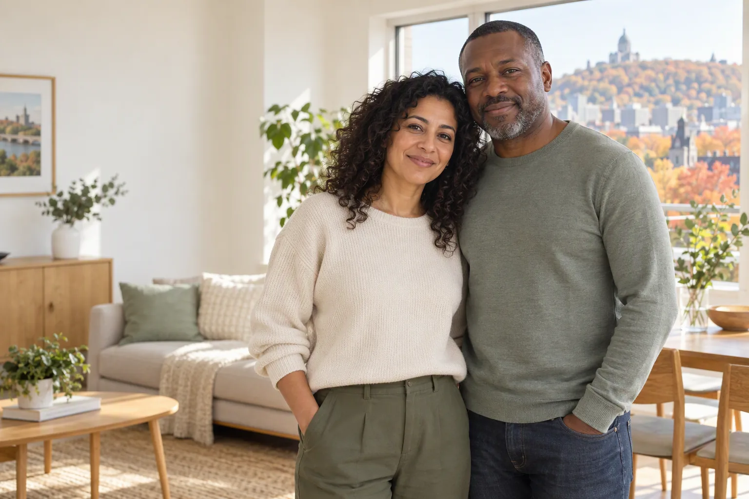 A woman and a man in a bright Montreal living room.