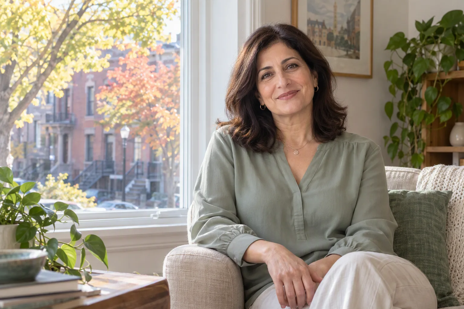 A woman sits by a window overlooking a Montreal street.