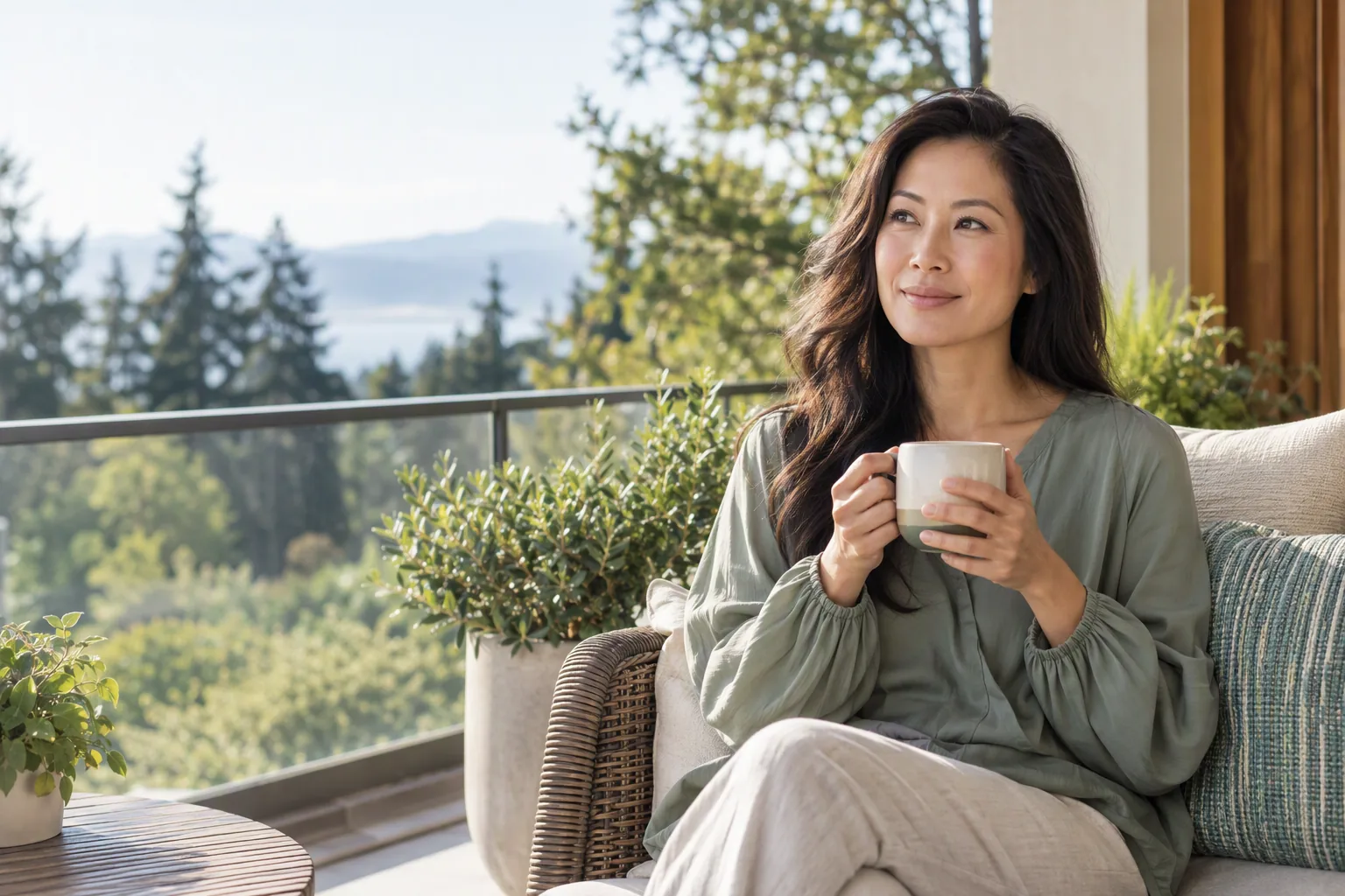 A rested woman enjoys a quiet morning on a balcony.
