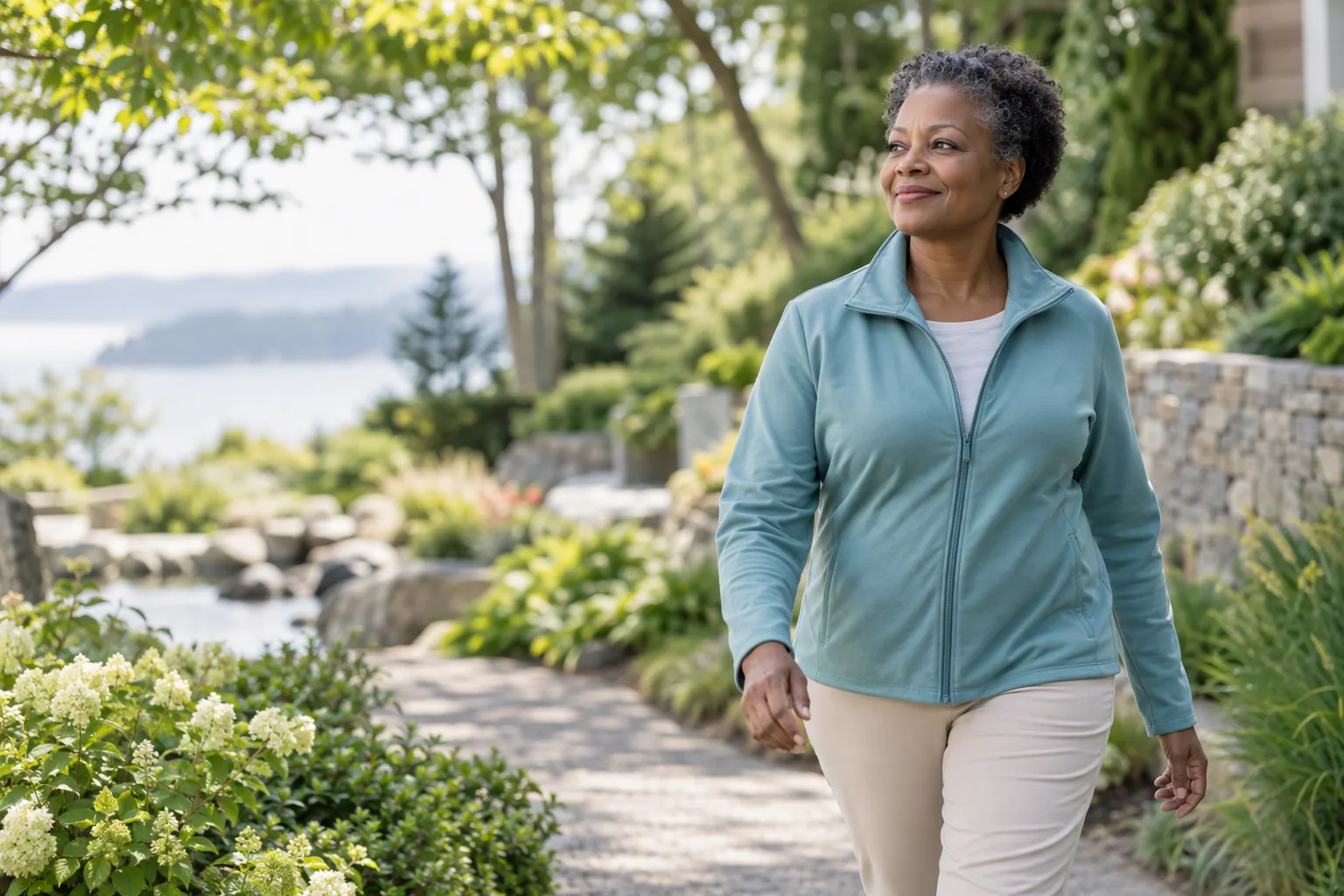 A woman walks confidently along a garden path.