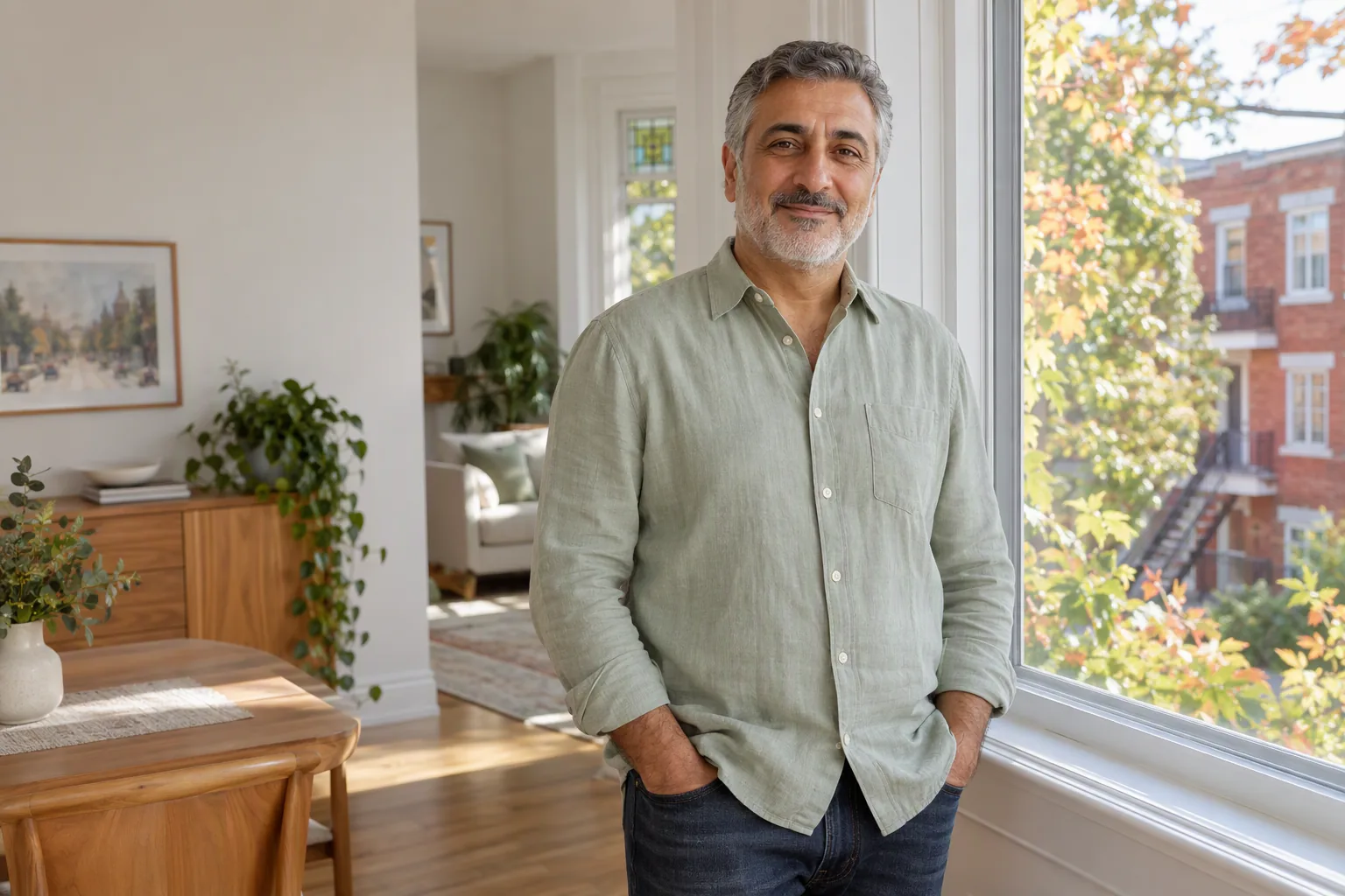 A man by a window in a bright Montreal home.