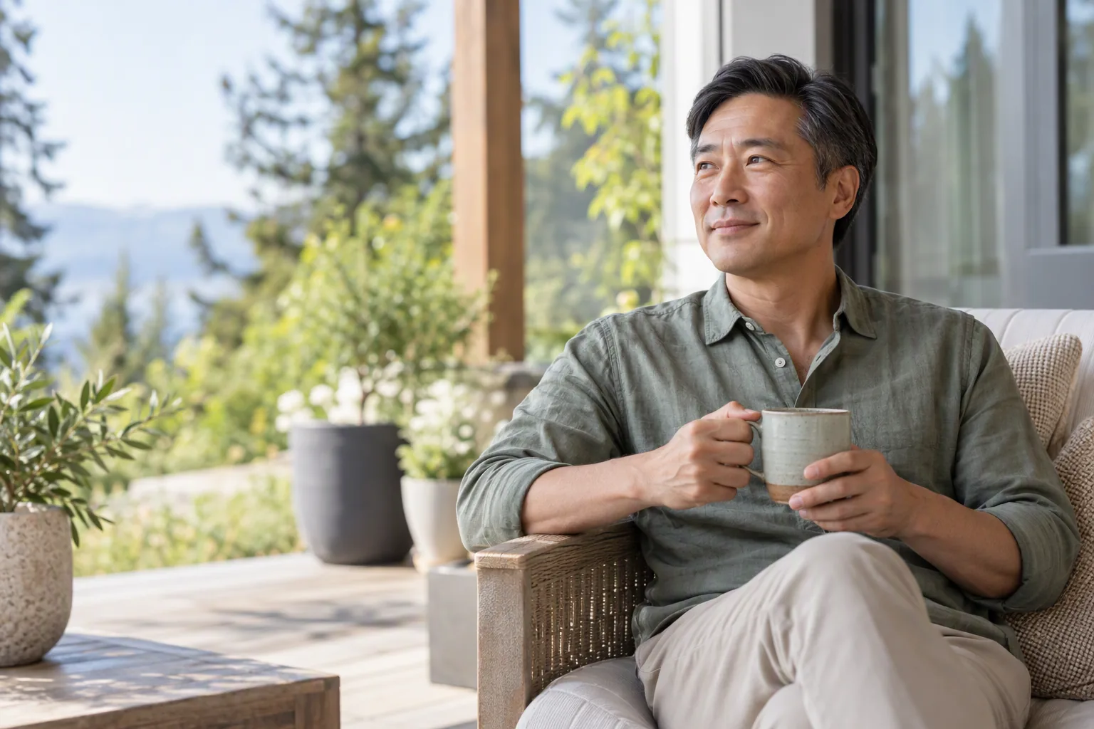 A rested man enjoys a quiet morning on a veranda.
