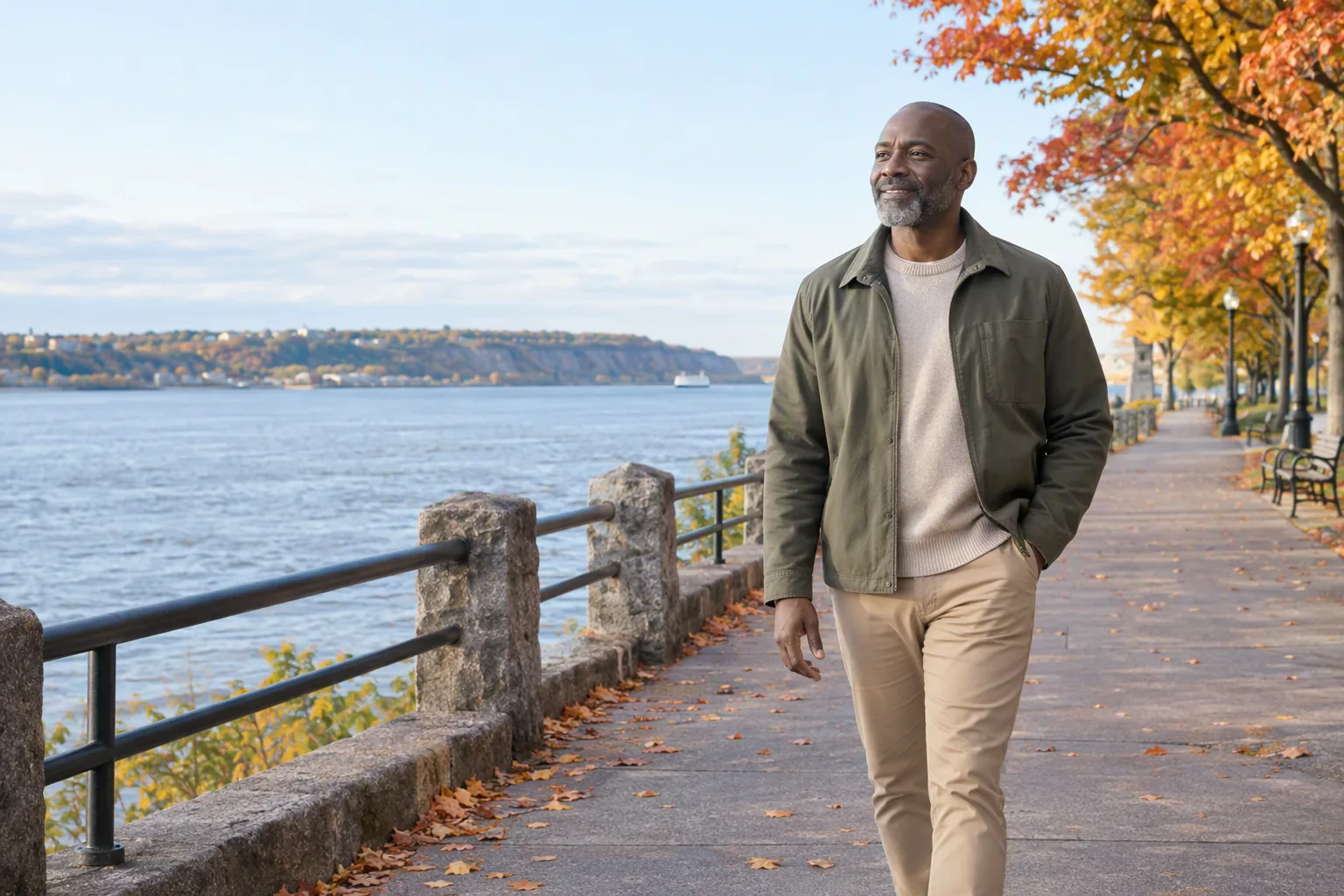 A man walks beside the St. Lawrence River in autumn.