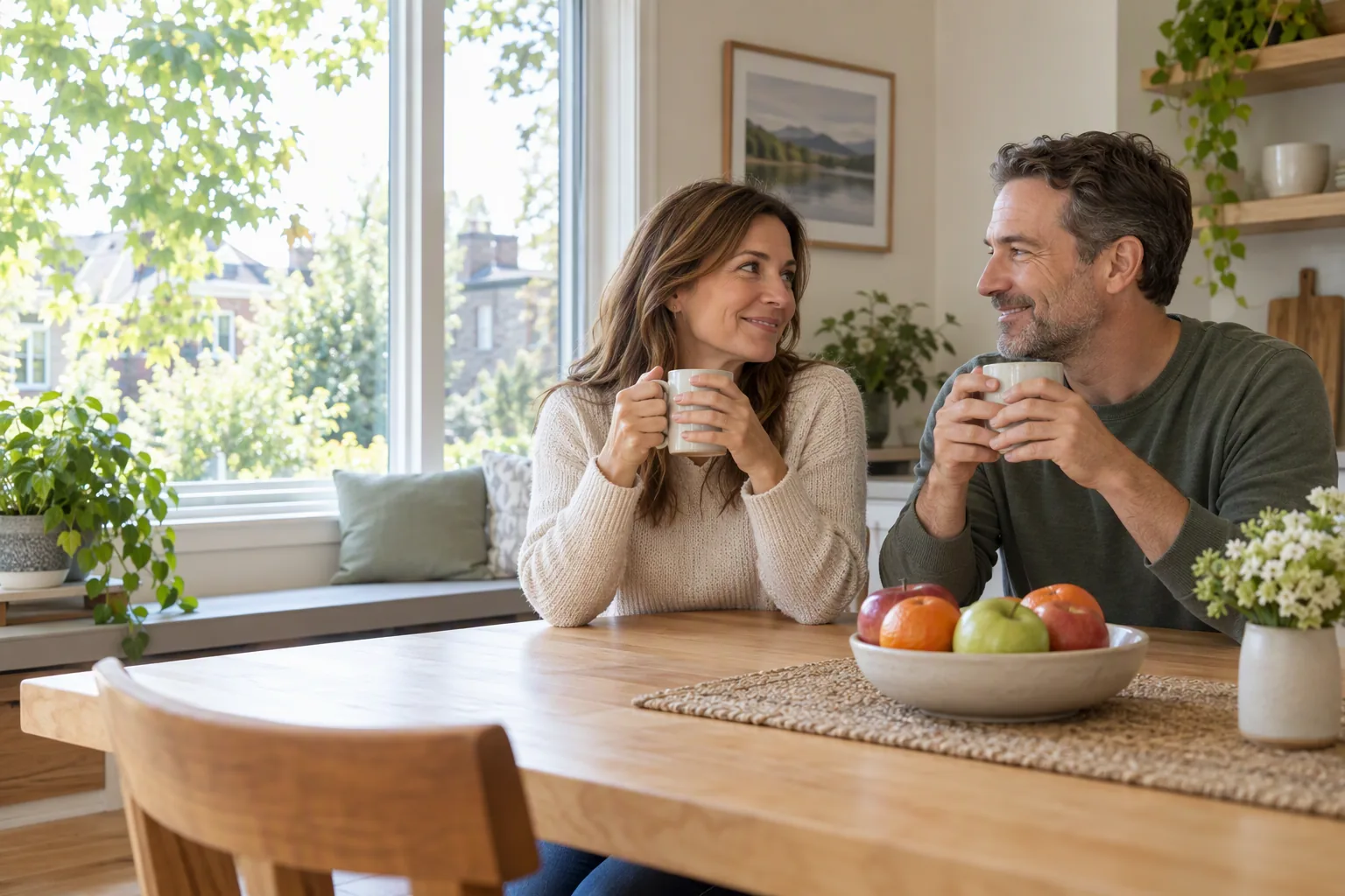A woman and a man enjoy a calm morning at home.