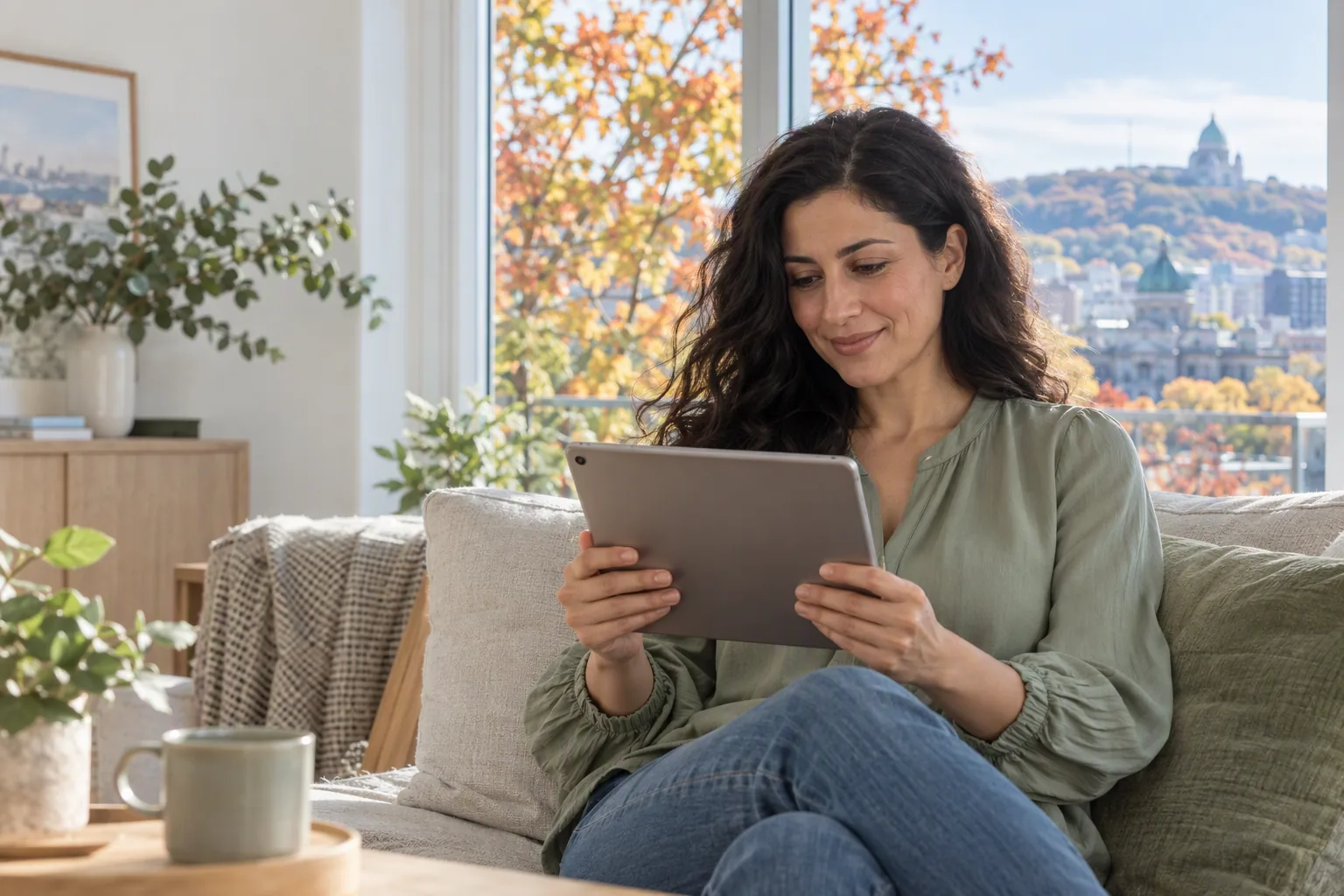 A woman consults a tablet viewed from behind in a Montreal living room.