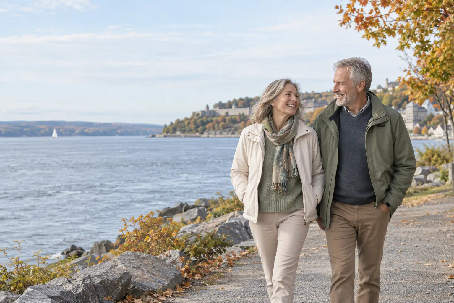 A woman and a man walk beside the river in Quebec.