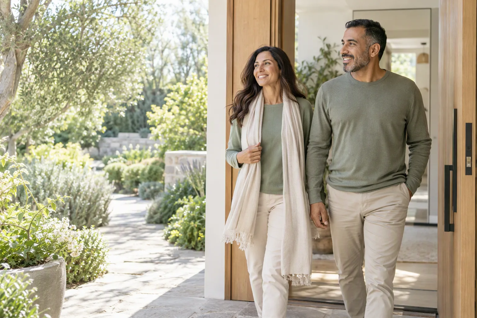 A woman and a man set out for a morning walk.