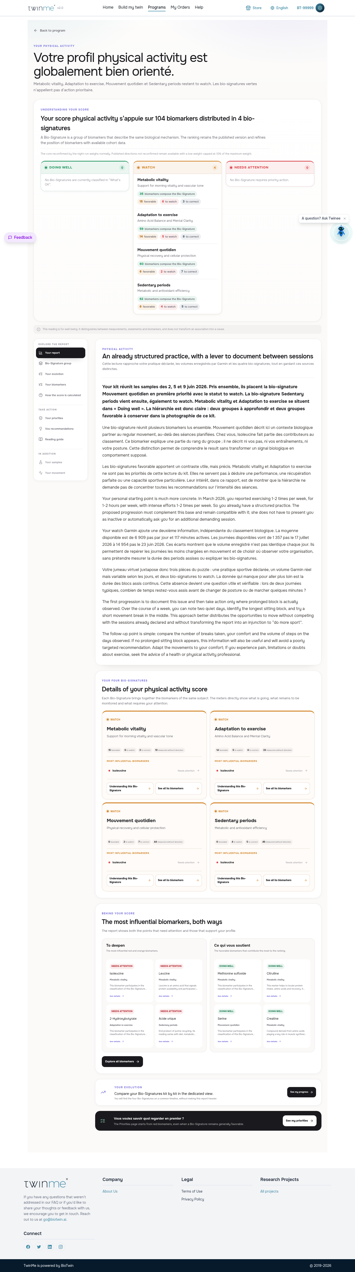 Physical activity report from the TwinMe demo account