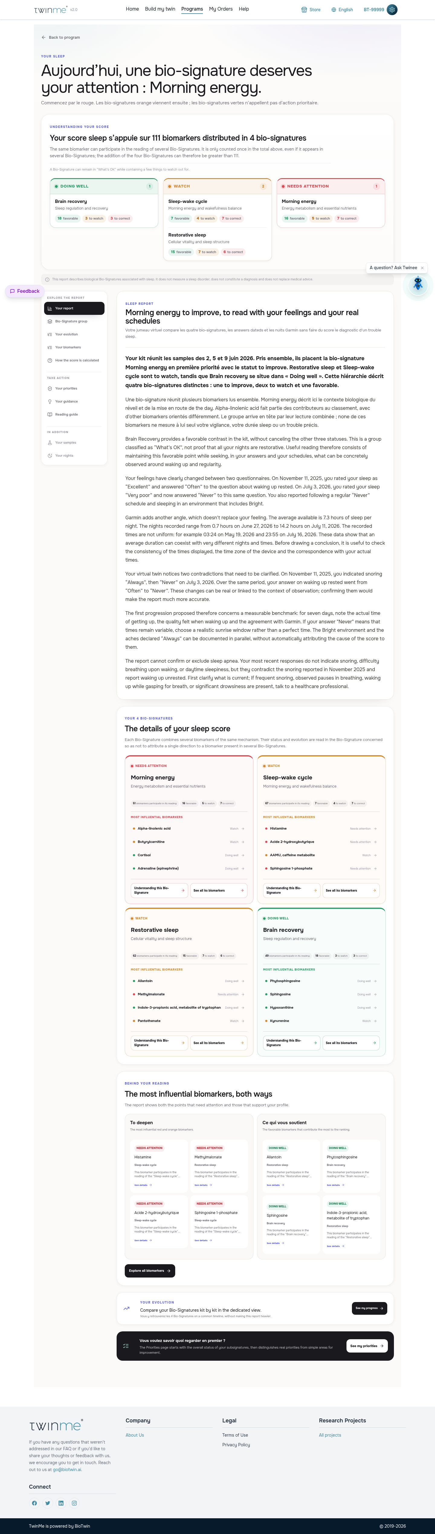 Sleep and recovery report from the TwinMe demo account