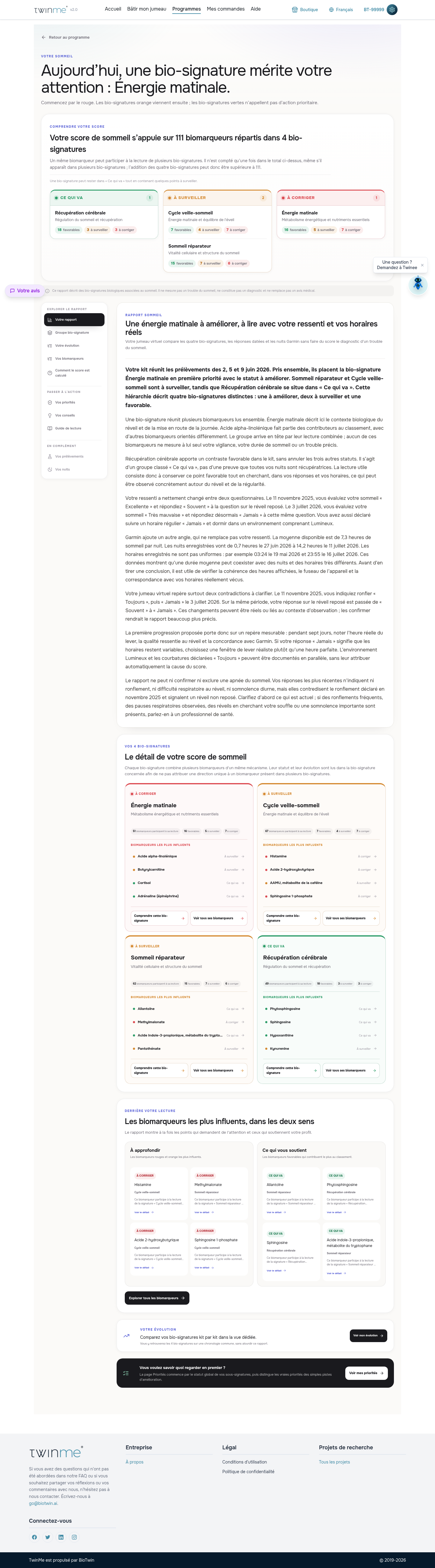 Rapport Qualité du sommeil du compte de démonstration TwinMe