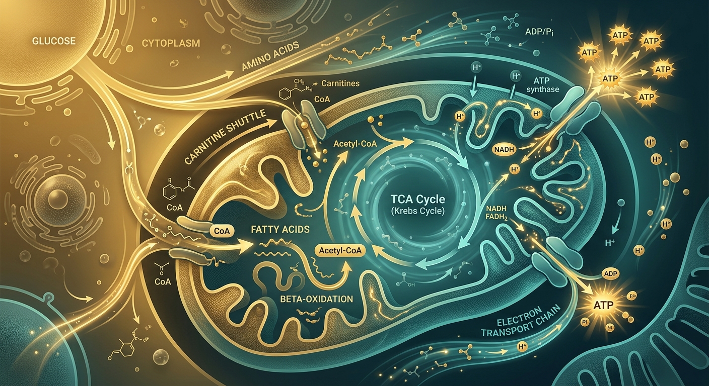 Scientific illustration of metabolic biomarkers with flowing energy pathways