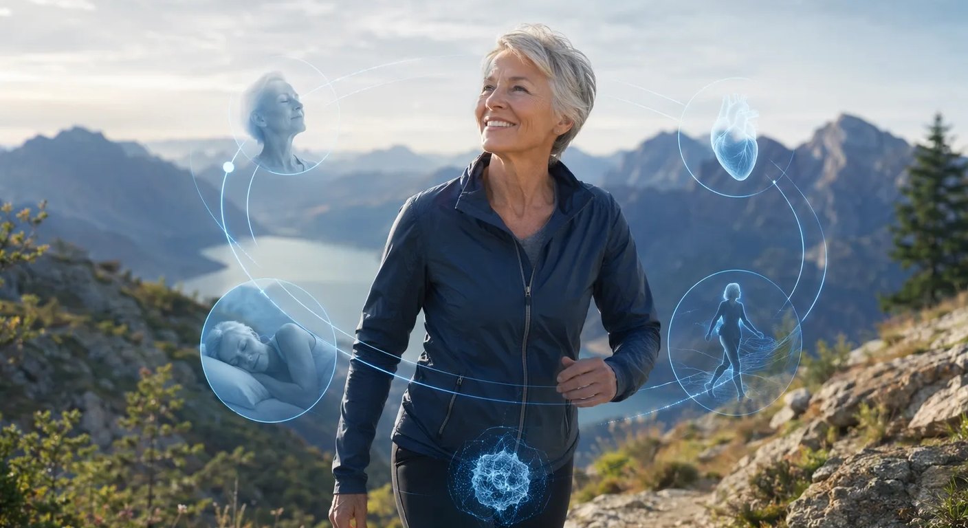 An active woman hiking in the mountains, with discreet visuals of her virtual twin