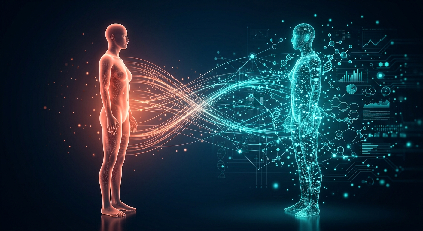 virtual twin concept showing physical human mirrored by digital representation with flowing data streams