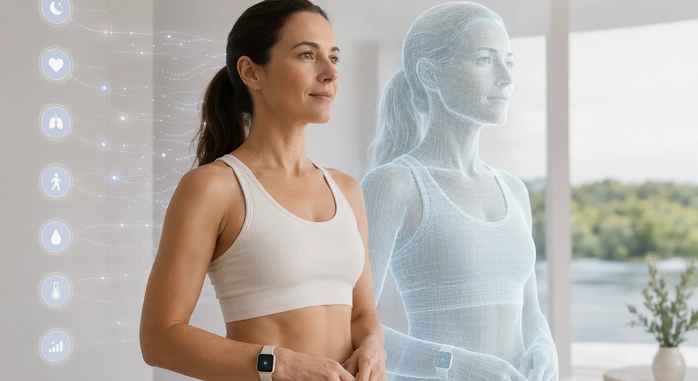 A woman beside her translucent virtual twin, in a bright room