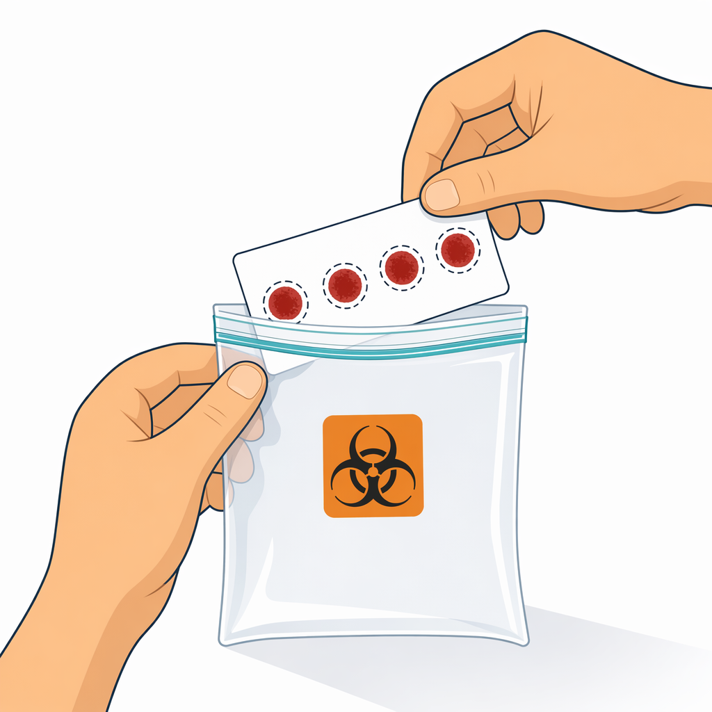 Placing one dried strip into a plastic specimen bag